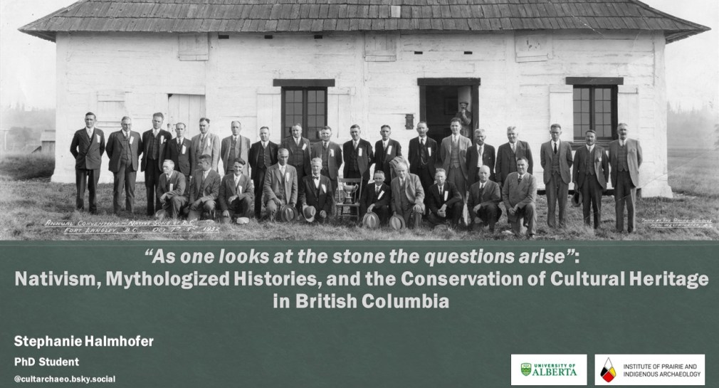 Title slide for a presentation which features a black and white photo from 1932 of a large group of men standing in front of a large wooden building.